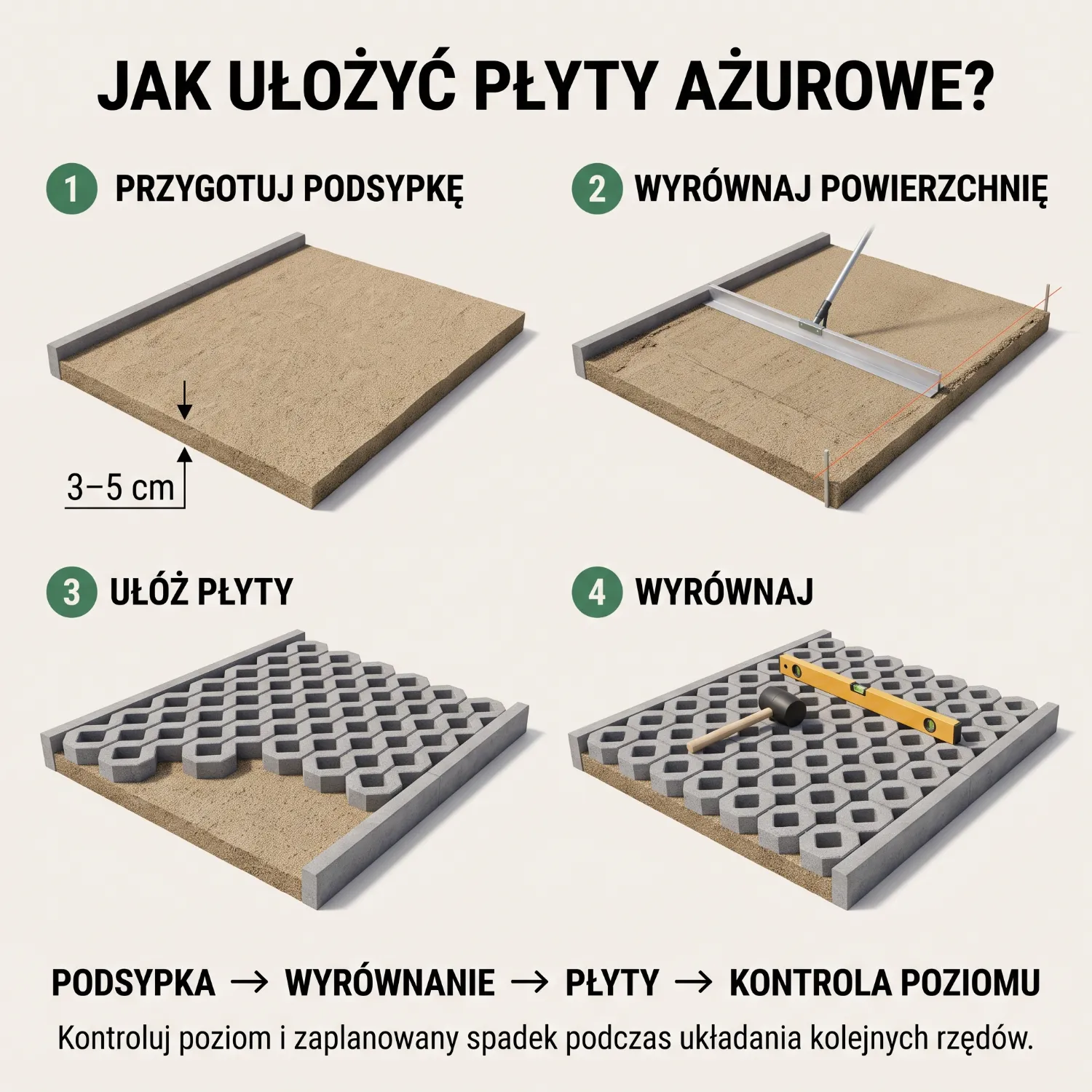 Proces układania betonowych płyt ażurowych na wyrównanej podsypce podjazdowej